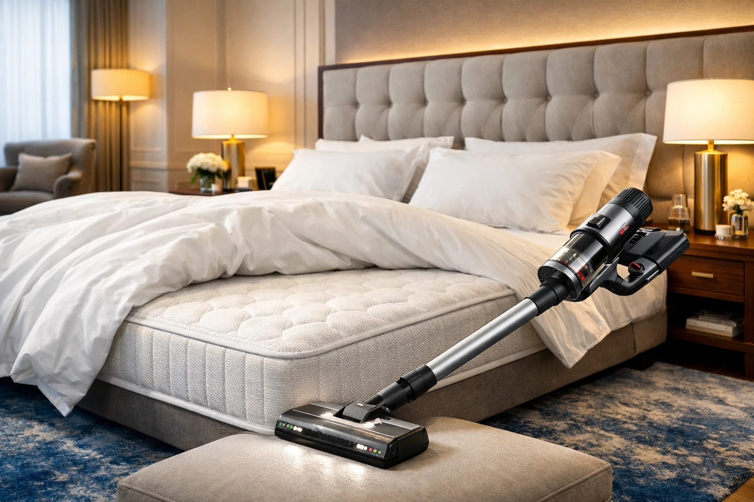 Deep cleaning a mattress with a vacuum as part of bi weekly house cleaning services.