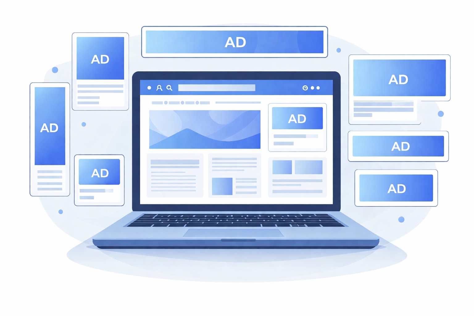 Laptop displaying banner ads and website layout, showing how Google Display Network reaches users across websites