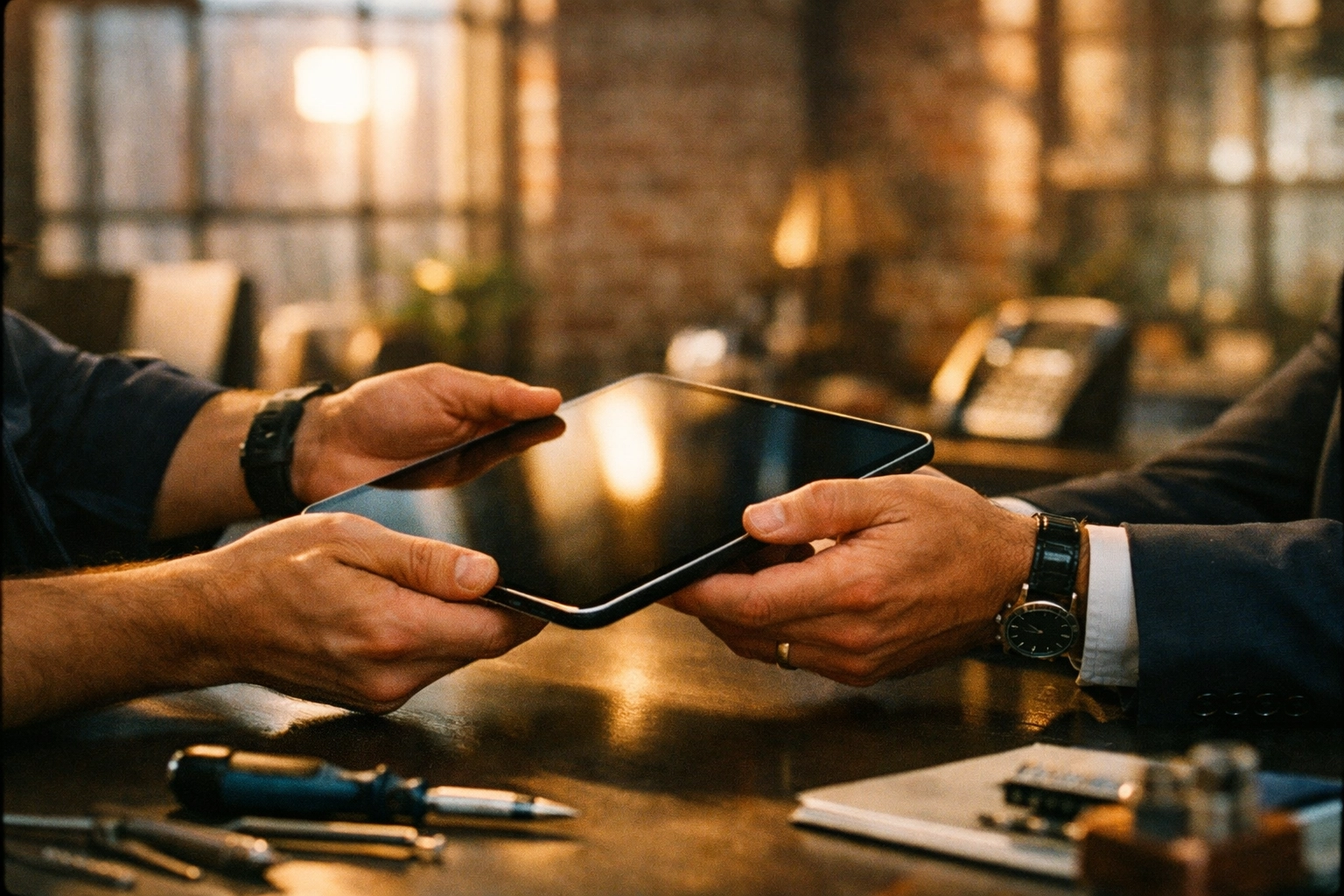 Mobile repair technician delivering fixed iPad to Brooklyn business owner on-site