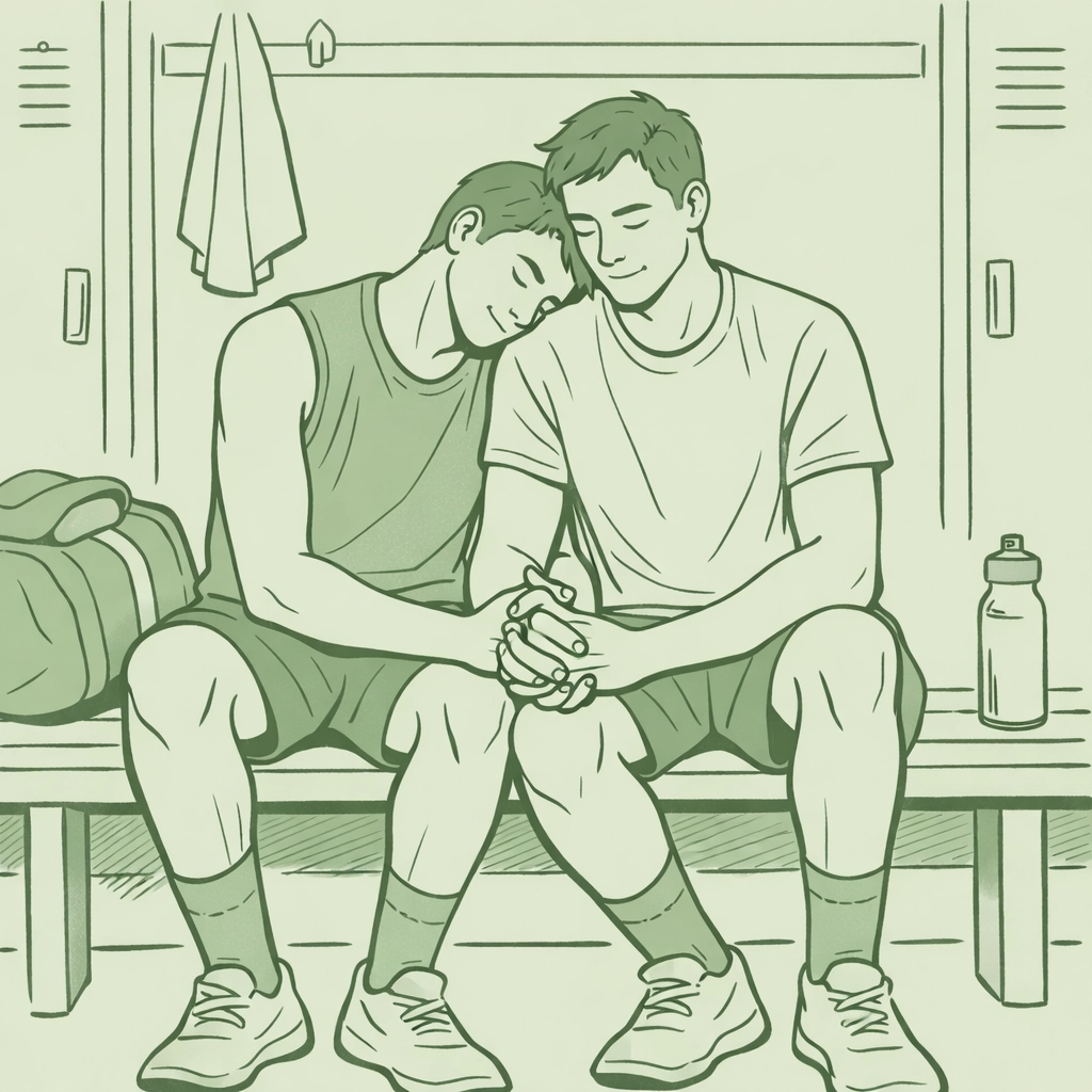 An intimate moment of emotional support between two male athletes on a locker room bench in a gay romance novel.