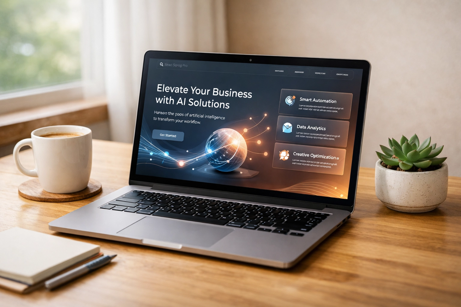 Modern workspace with laptop displaying AI-powered small business website interface