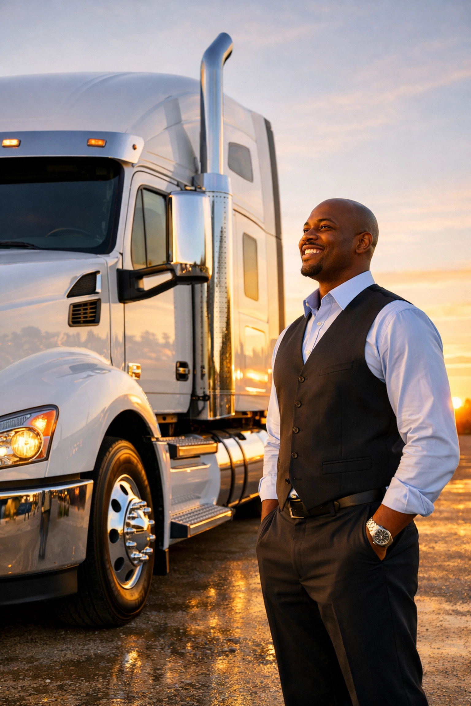 Successful owner-operator standing by semi-truck symbolizing profit growth and financial freedom.