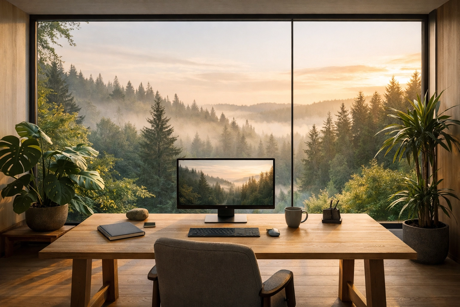 A biophilic workspace with a nature view window illustrating the panoramic gaze for stress relief.