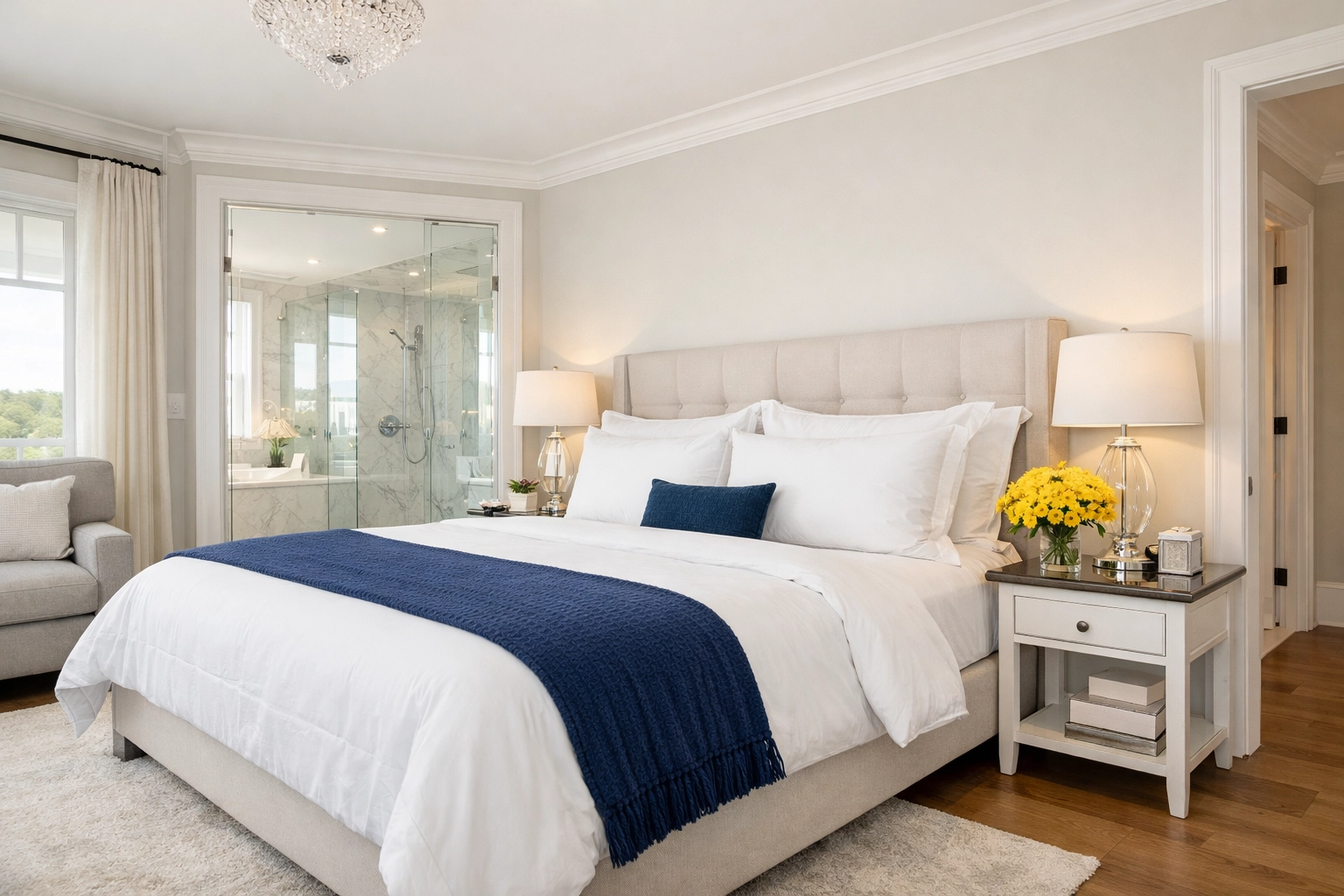 Freshly cleaned and staged luxury master bedroom in Dover by a residential cleaning Massachusetts team.