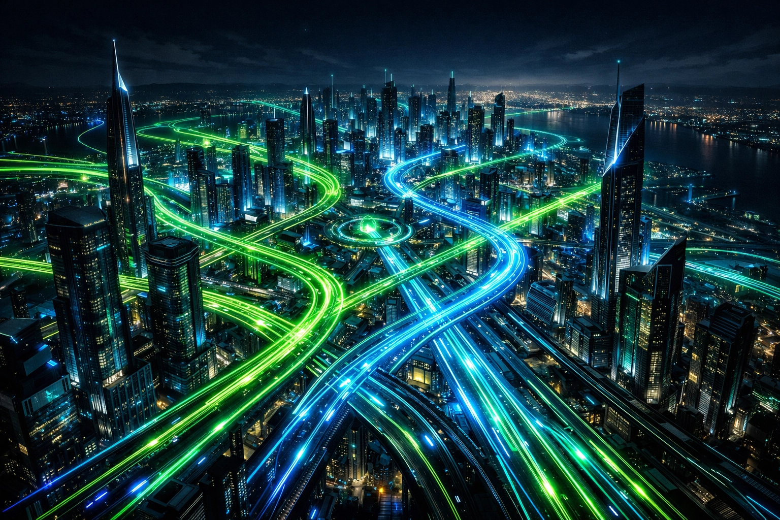 A vibrant futuristic city at night symbolizing seamless workflows and autonomous AI agents in business.
