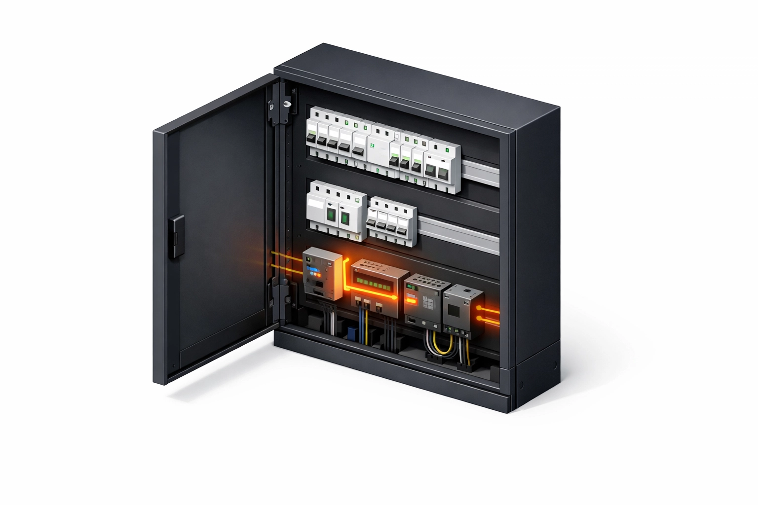 Moderner Elektro-Verteilerkasten mit KI-Steuerung zur Senkung der Stromkosten in Wien.