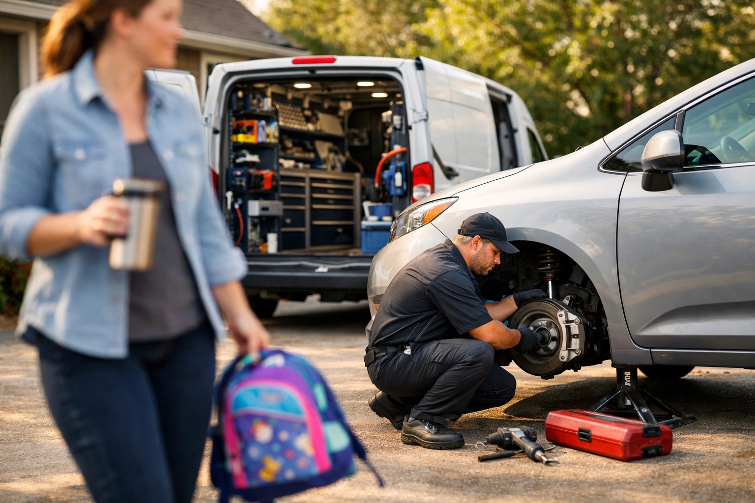Green Bay mobile mechanic inspecting vehicle brakes in a residential driveway, offering convenience for busy parents.