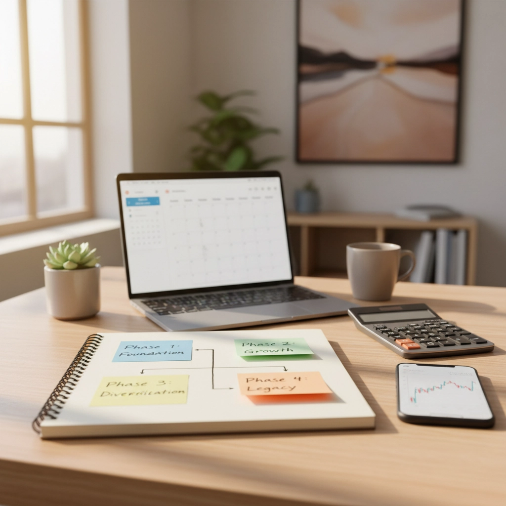 Laptop, planner, calculator, and phone on a desk with a succulent, mug, and abstract art. Bright, organized workspace, calm mood.