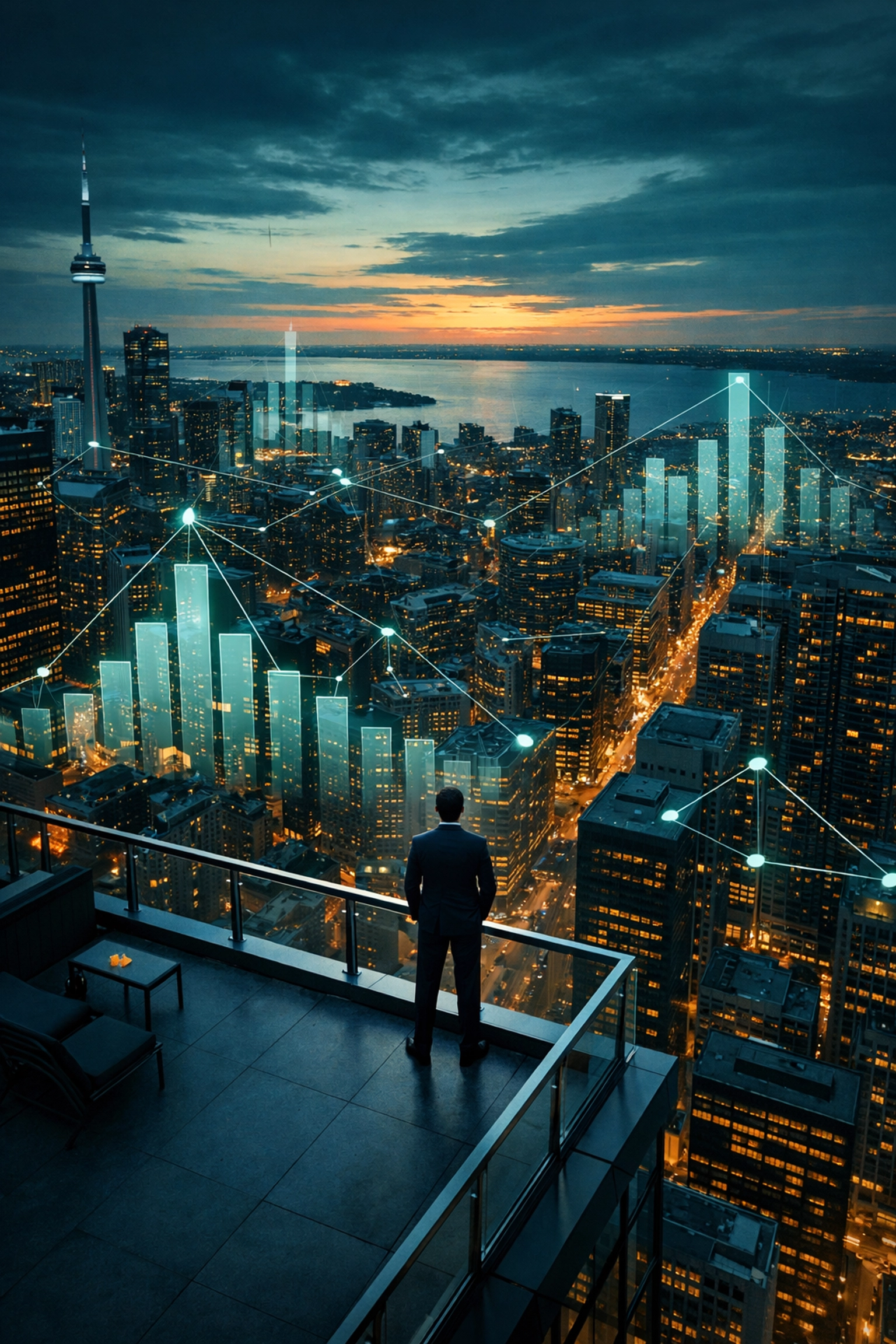 A professional overlooking the Toronto city grid with data overlays showing local search market dominance.