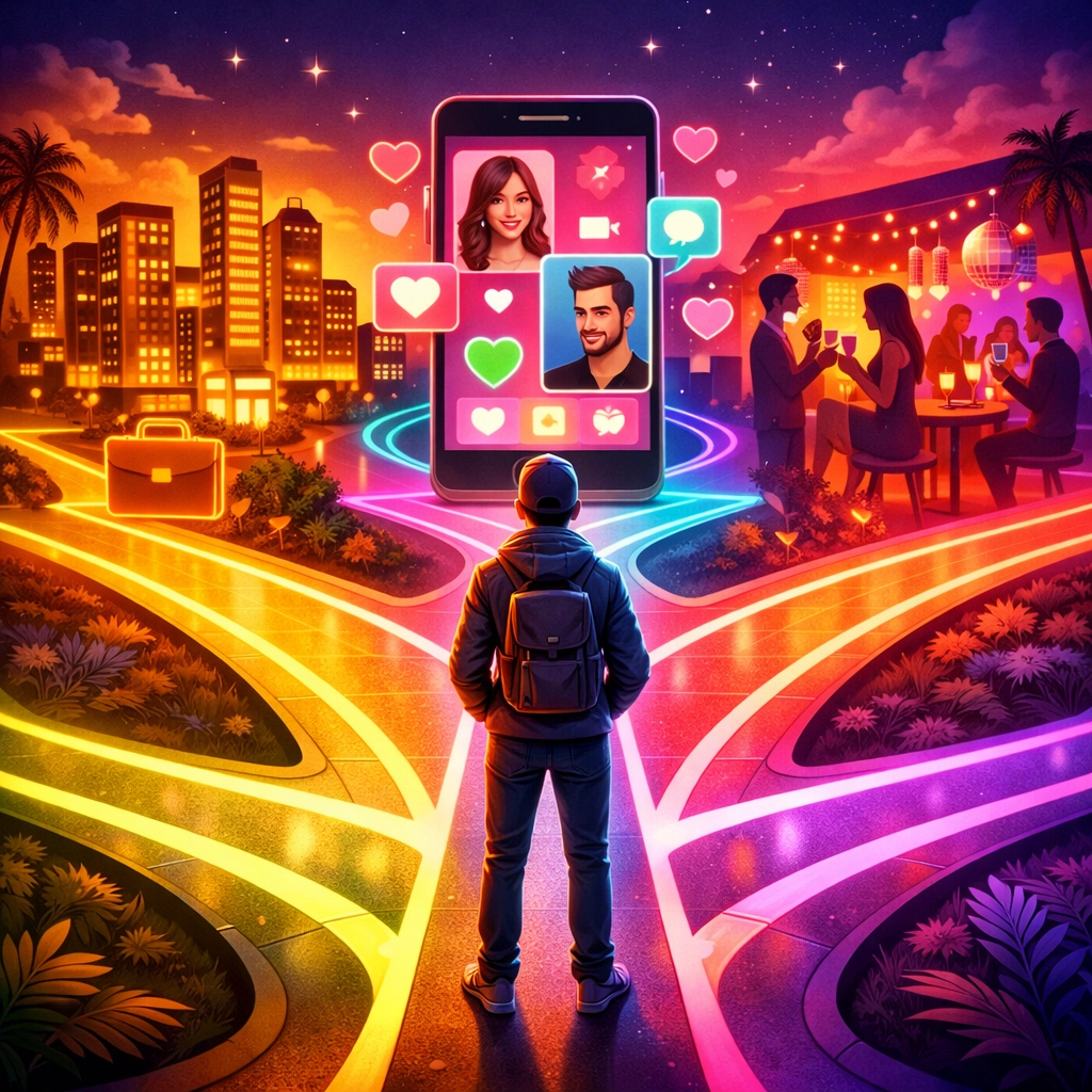 Person choosing between workplace dating, dating apps, and other romantic options