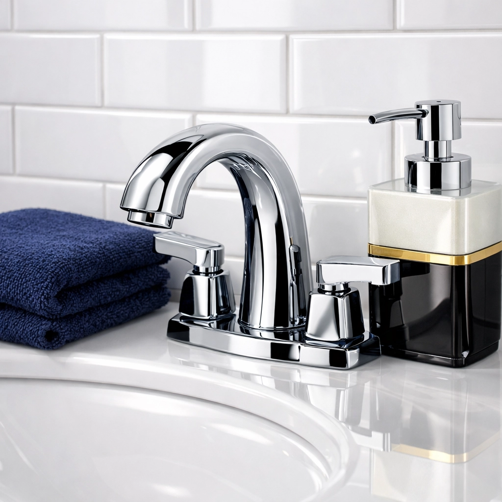 Deep cleaning Worcester MA service results on a sparkling chrome bathroom faucet and white subway tiles.