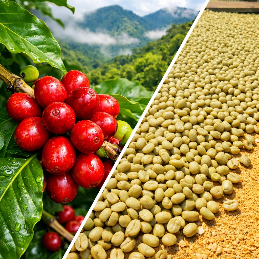 Comparing ripe red coffee cherries to green beans drying on a patio during a Costa Rica school trip.