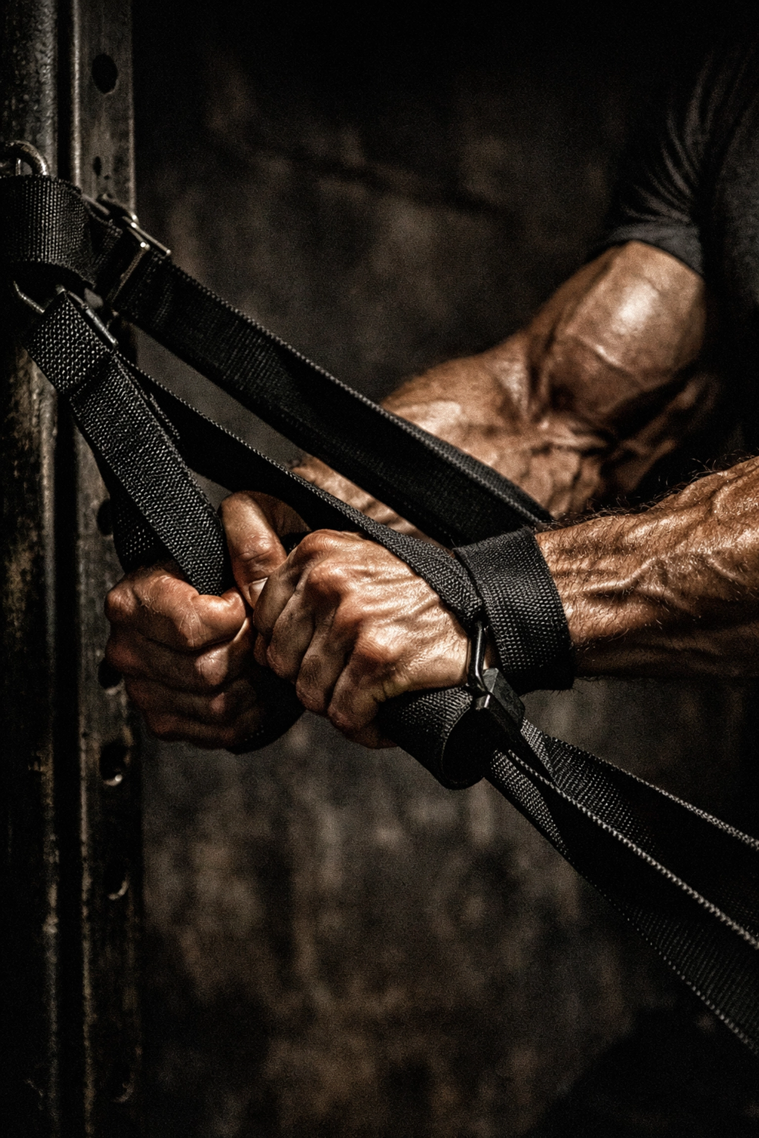 High-tension fitness straps used for progressive overload during a home resistance workout.