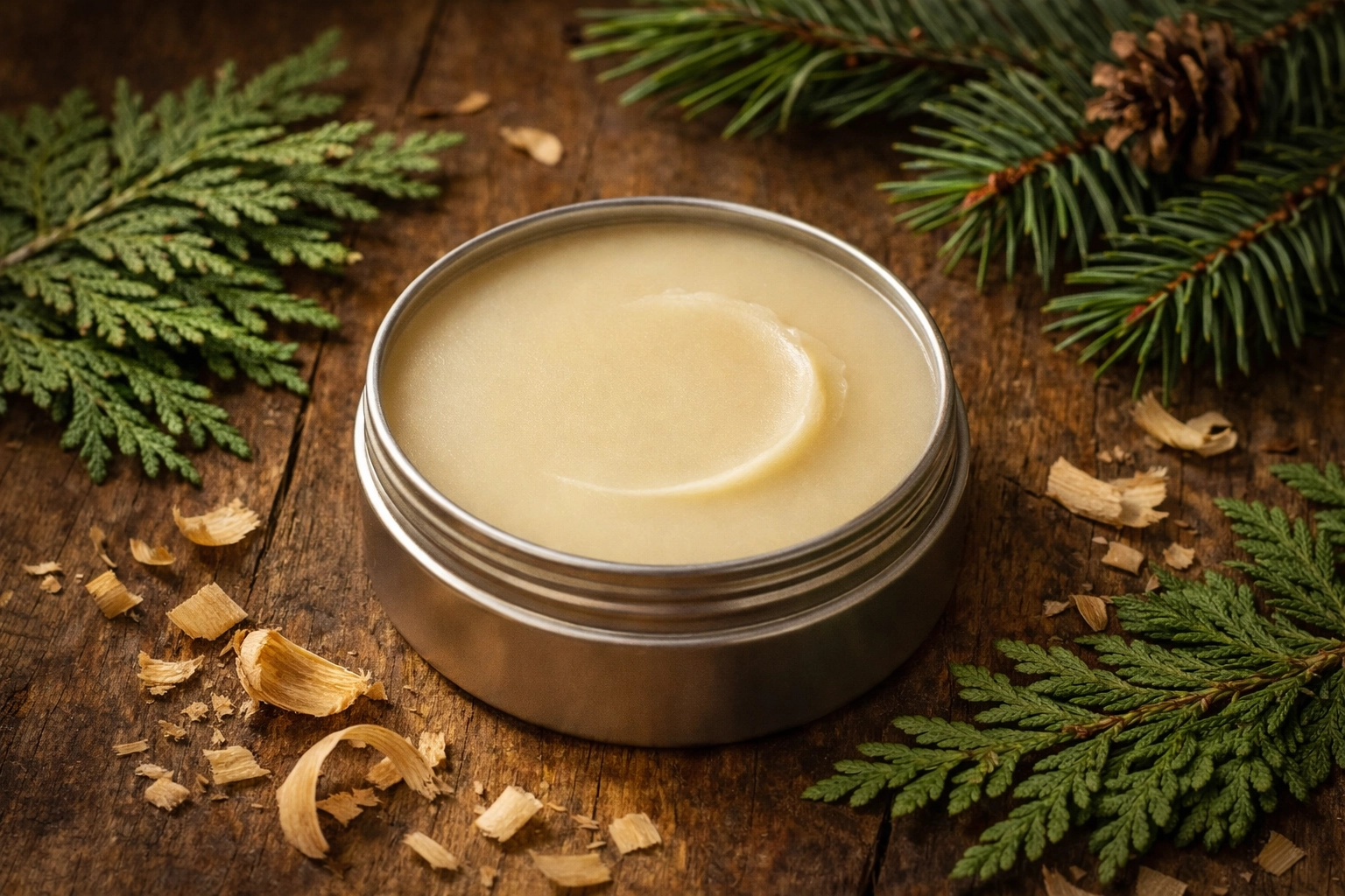 Carpenter's Haven tallow balm with cedarwood and pine sprigs on wooden workshop surface