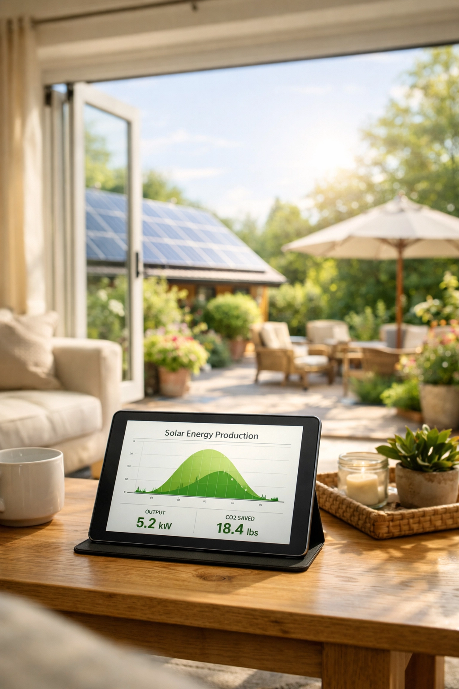 Tablet showing home solar energy monitoring and independence from rising global electricity prices.