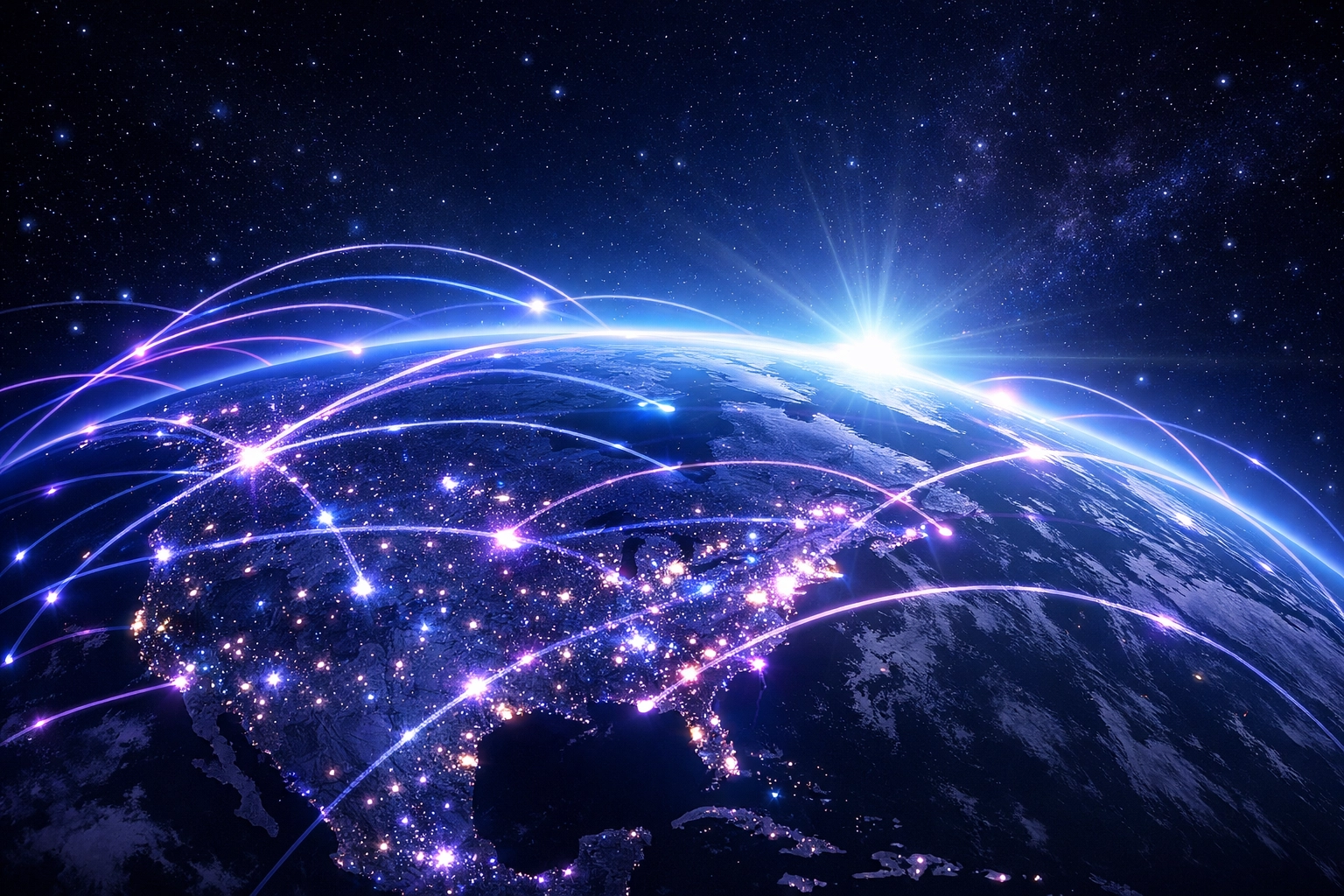 Global map with glowing data paths showing interconnected SASE solutions and carrier networks.