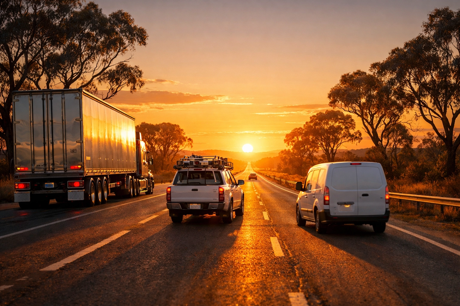 Australian transport vehicles on a highway, illustrating the impact of fuel costs on business tax compliance.