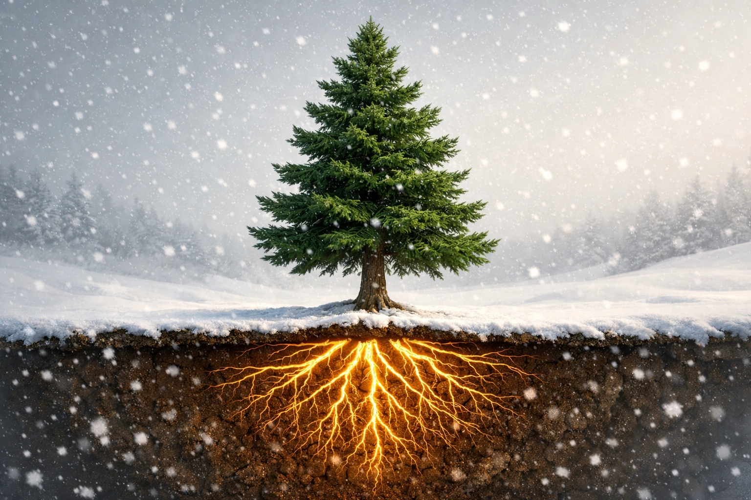 Resilient green pine tree with golden roots in snow, symbolizing eternal love and spiritual grounding.