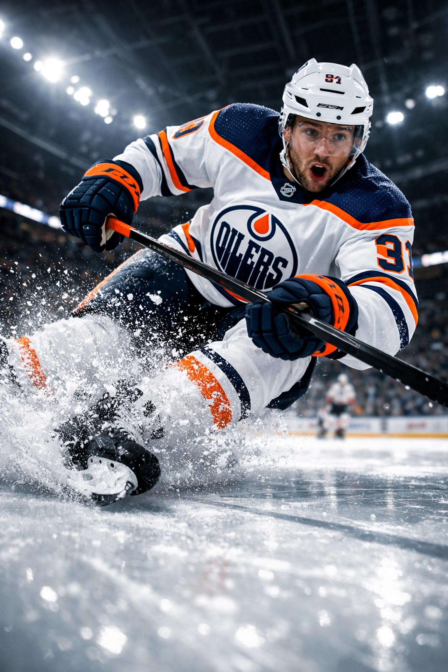 Edmonton Oilers player on ice during an NHL game against the Anaheim Ducks.