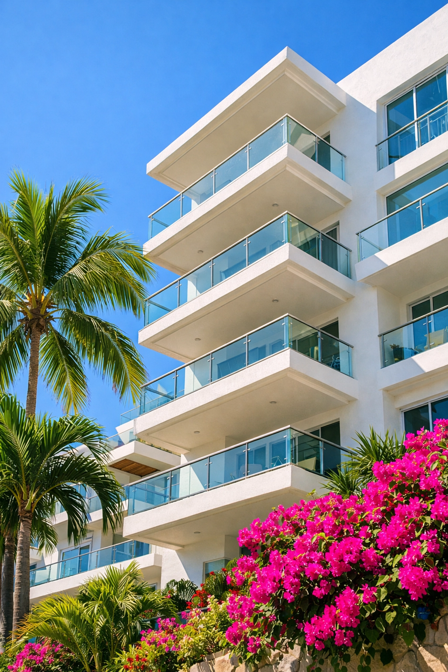 Modern condo building in Puerto Vallarta with tropical landscaping