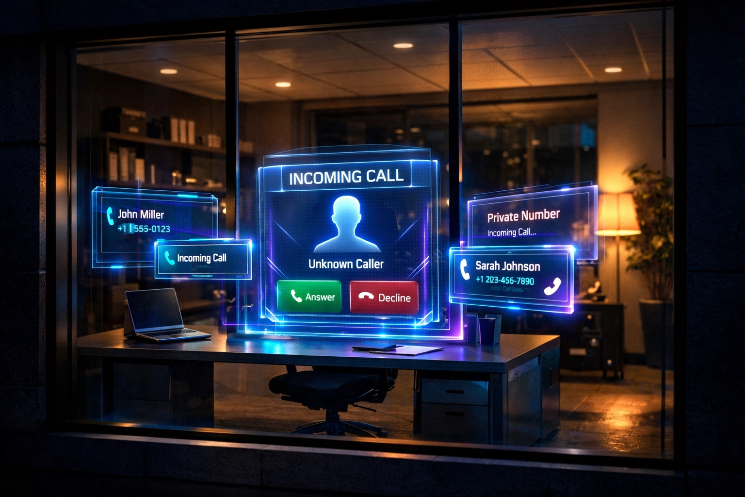 AI receptionist system answering calls 24/7 in empty small business office at night