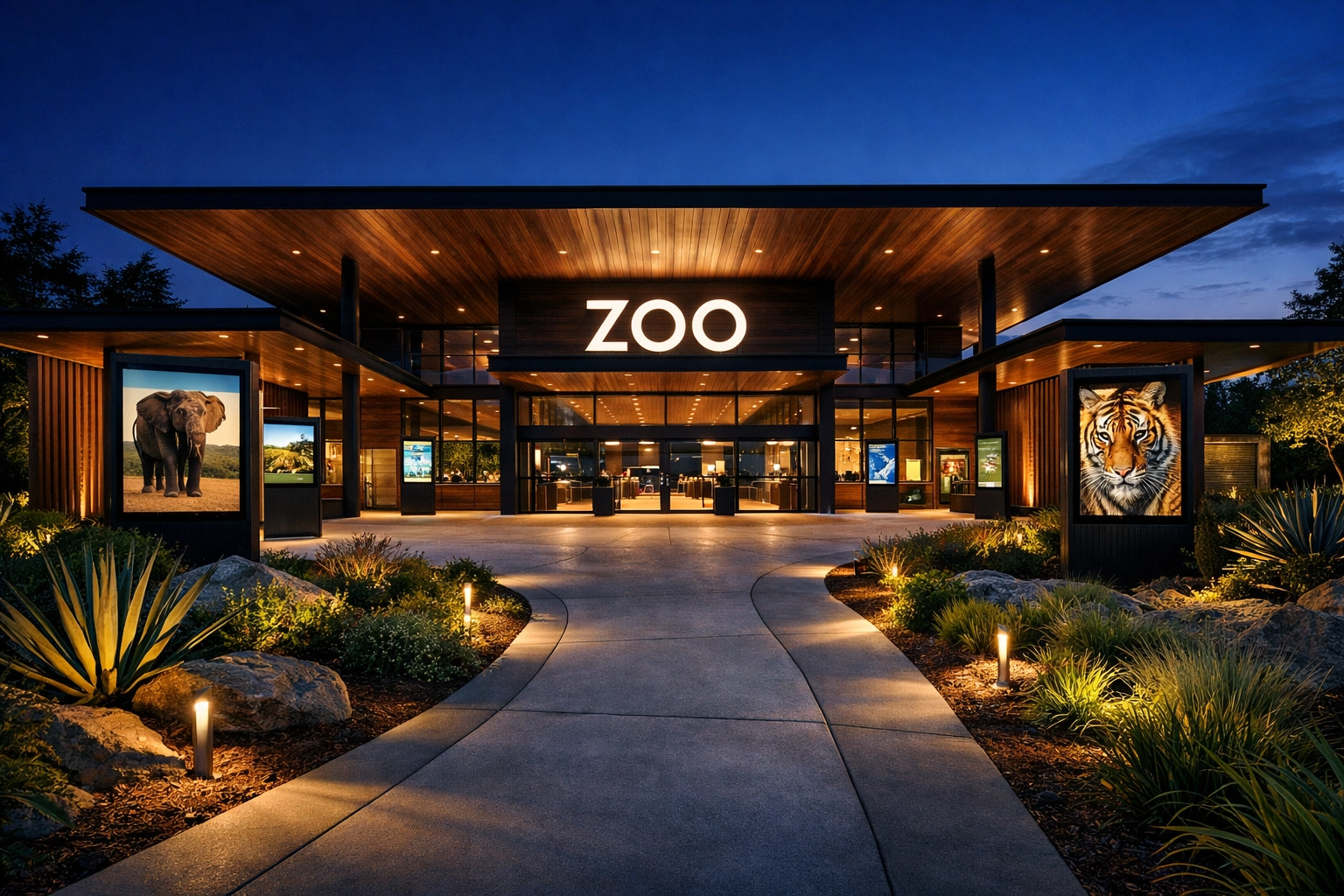 Modern zoo entrance architecture illustrating a professional visual identity and consistent branding for visitors.