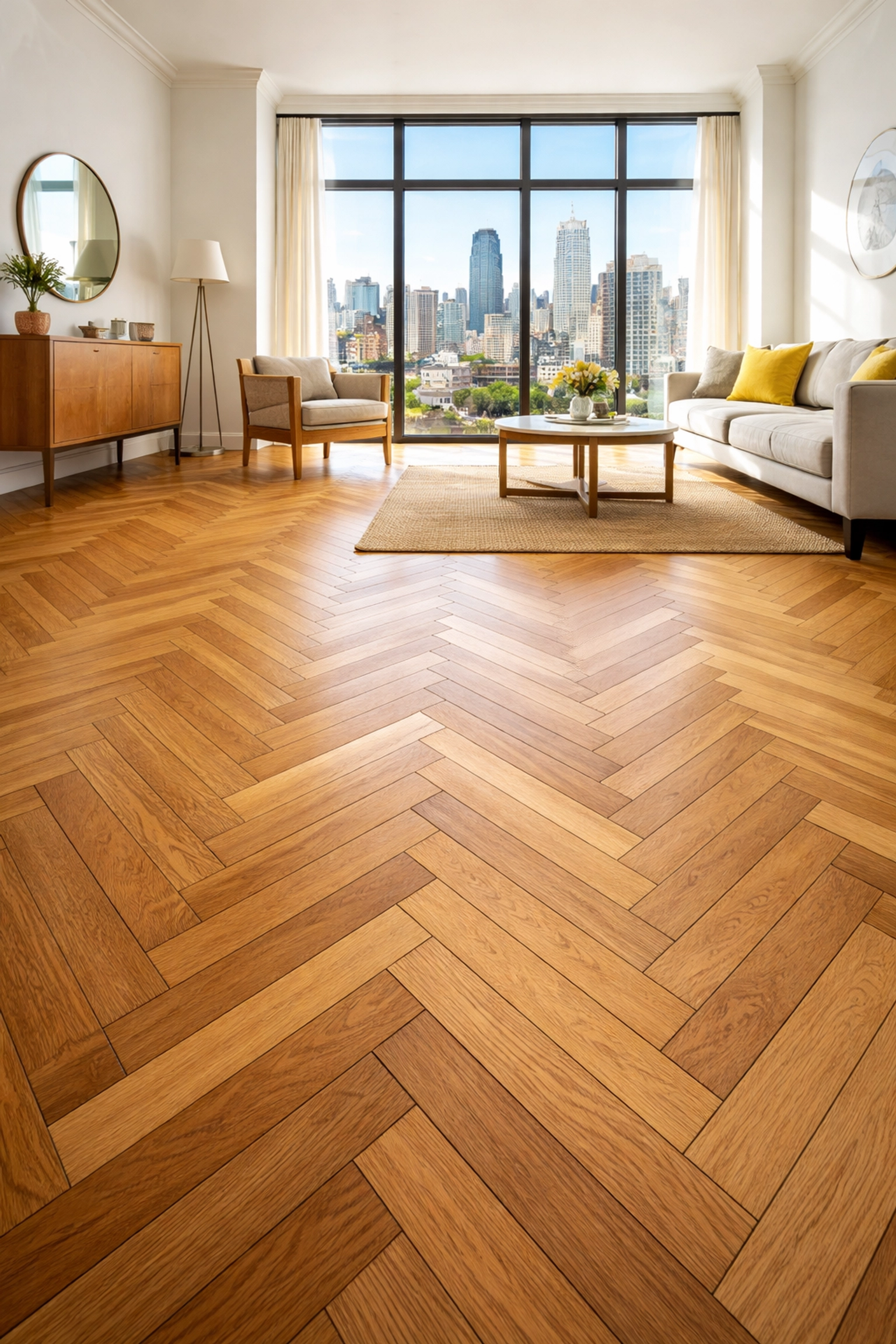 Herringbone hardwood floor in a sunlit modern Chicago living room, showcasing timeless flooring pattern and resale value.