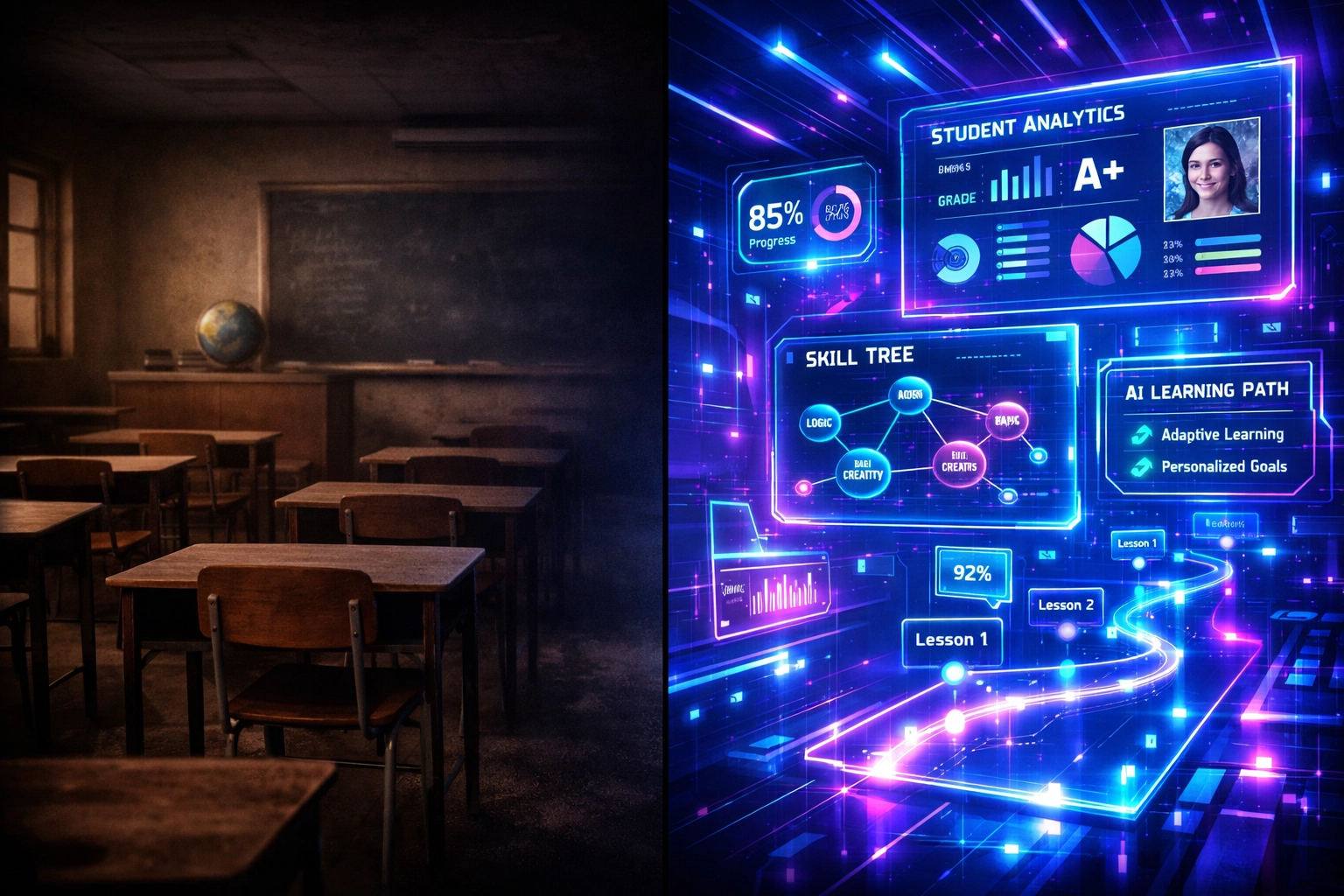 Traditional classroom evolving into AI-powered learning platform with student analytics