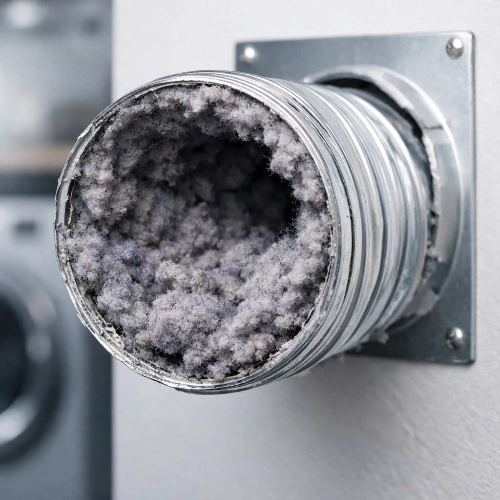 Clogged dryer vent duct filled with thick lint buildup in a Rockford home, showing a common fire hazard.