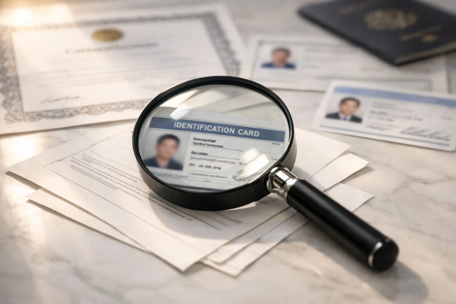 Magnifying glass examining identity documents during a professional background investigation