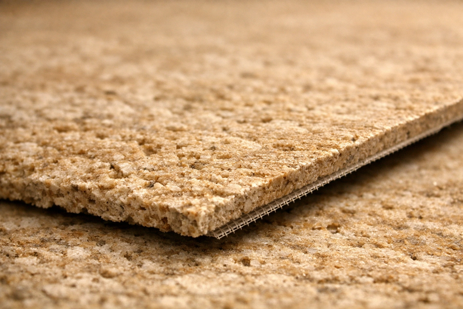 Gros plan d'une surface en pierre travertin ECO-FLEXI MCM montrant son profil fin de 2 mm et sa texture naturelle.