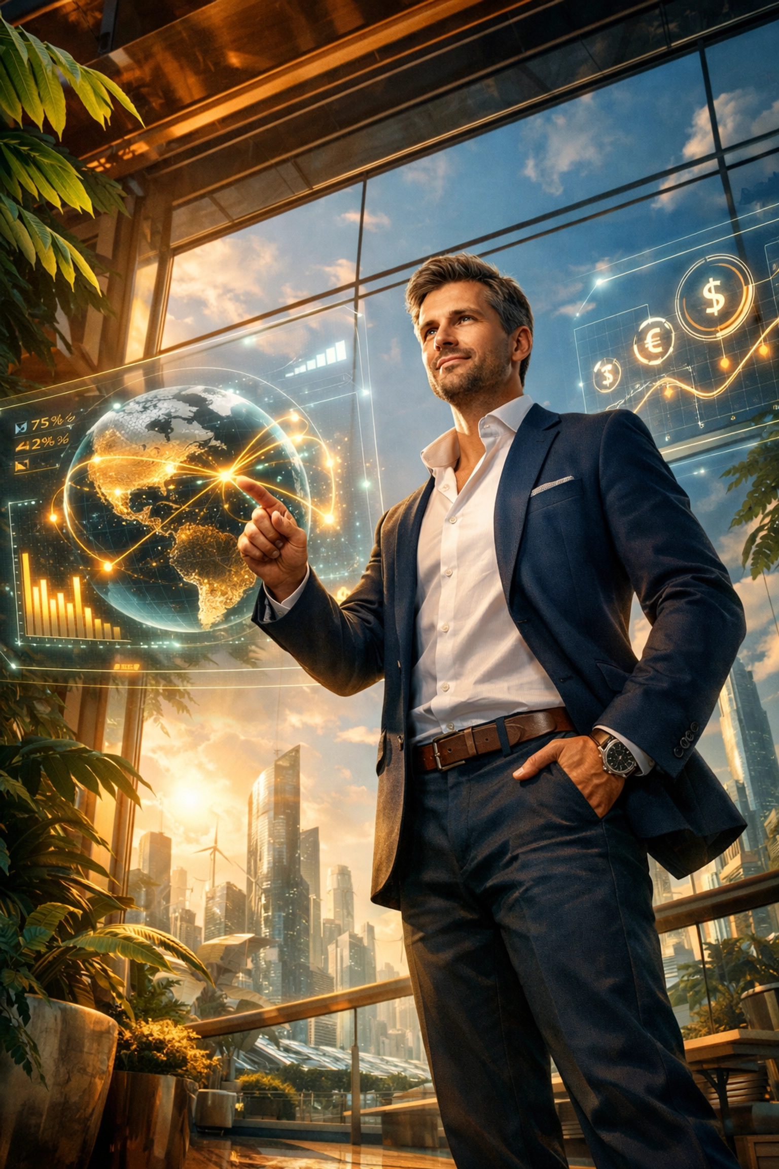 Modern merchant using a holographic dashboard to manage global Web3 payments and financial independence.