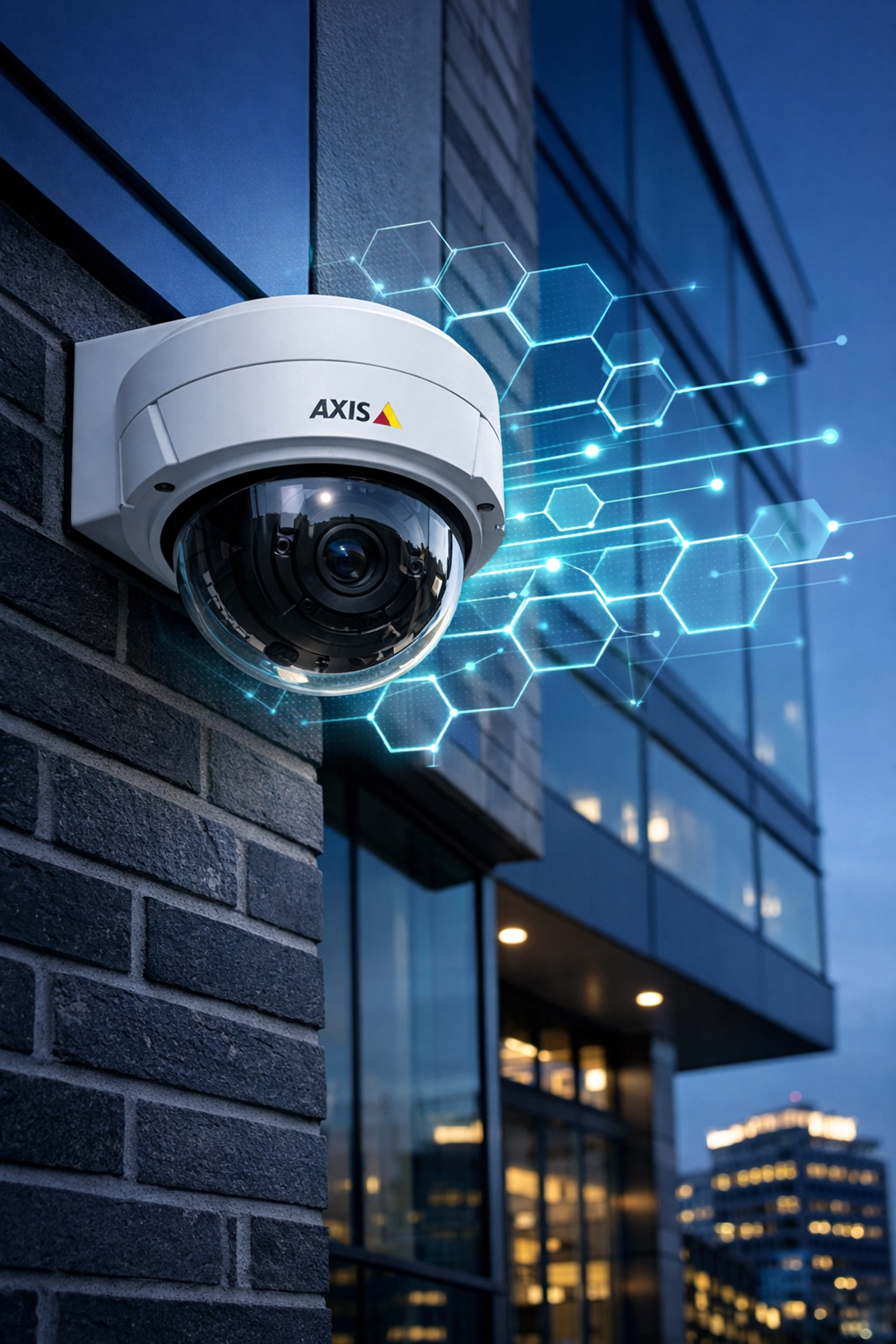 Axis security camera mounted on a Michigan business building providing smart cloud-connected surveillance.