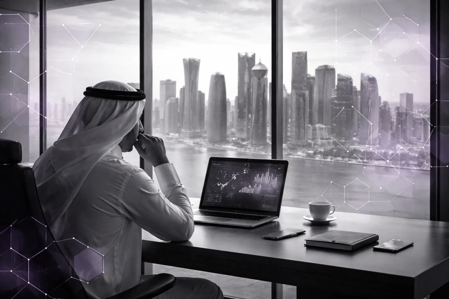 Businessperson in modern Doha office analyzing digital data, symbolizing technology adoption and AI in Qatar