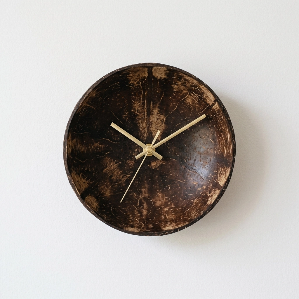 A minimalist wall clock made from a polished dark coconut shell