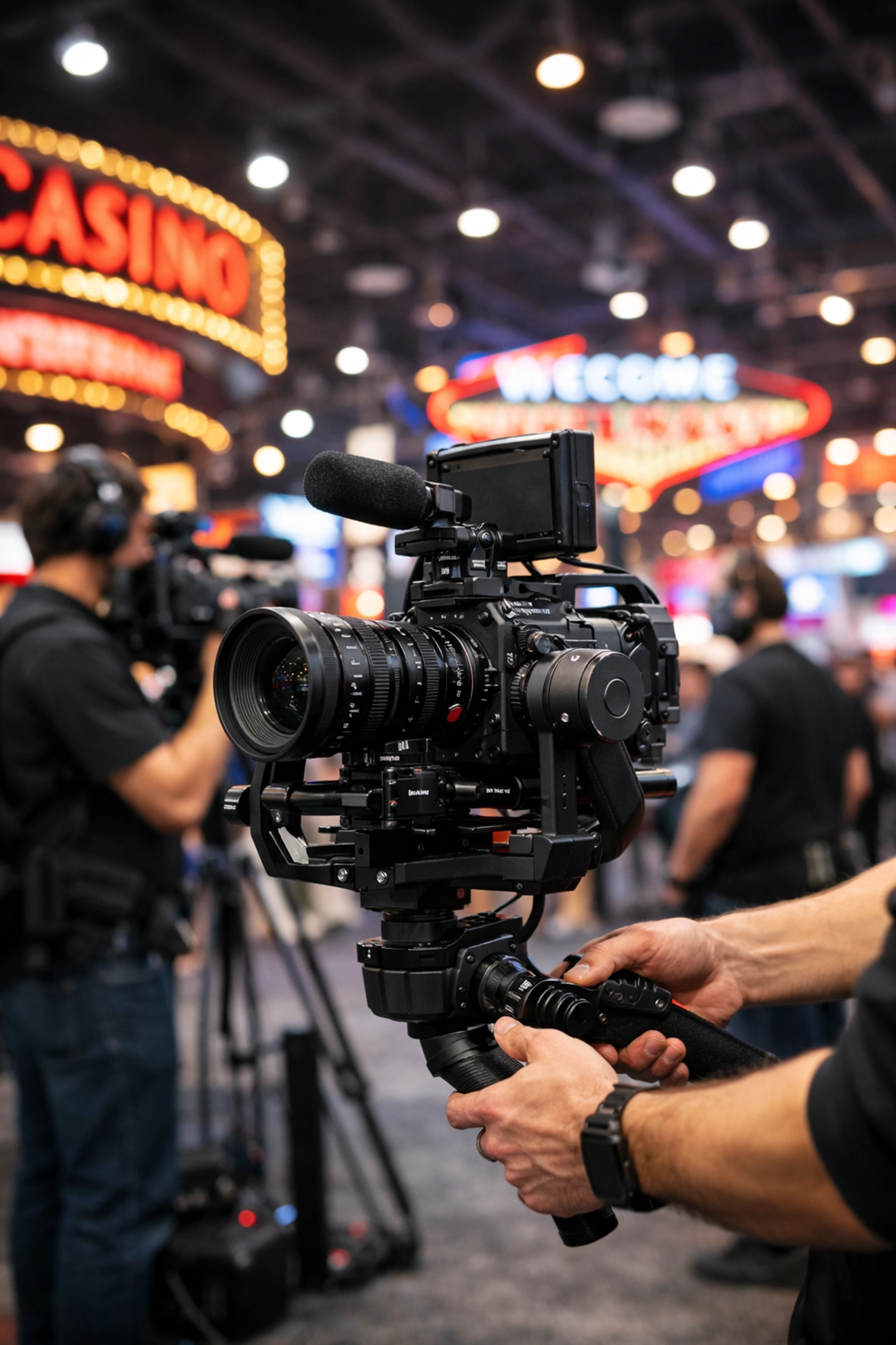 Behind-the-scenes event video production using cinema cameras at a bustling Las Vegas trade show.