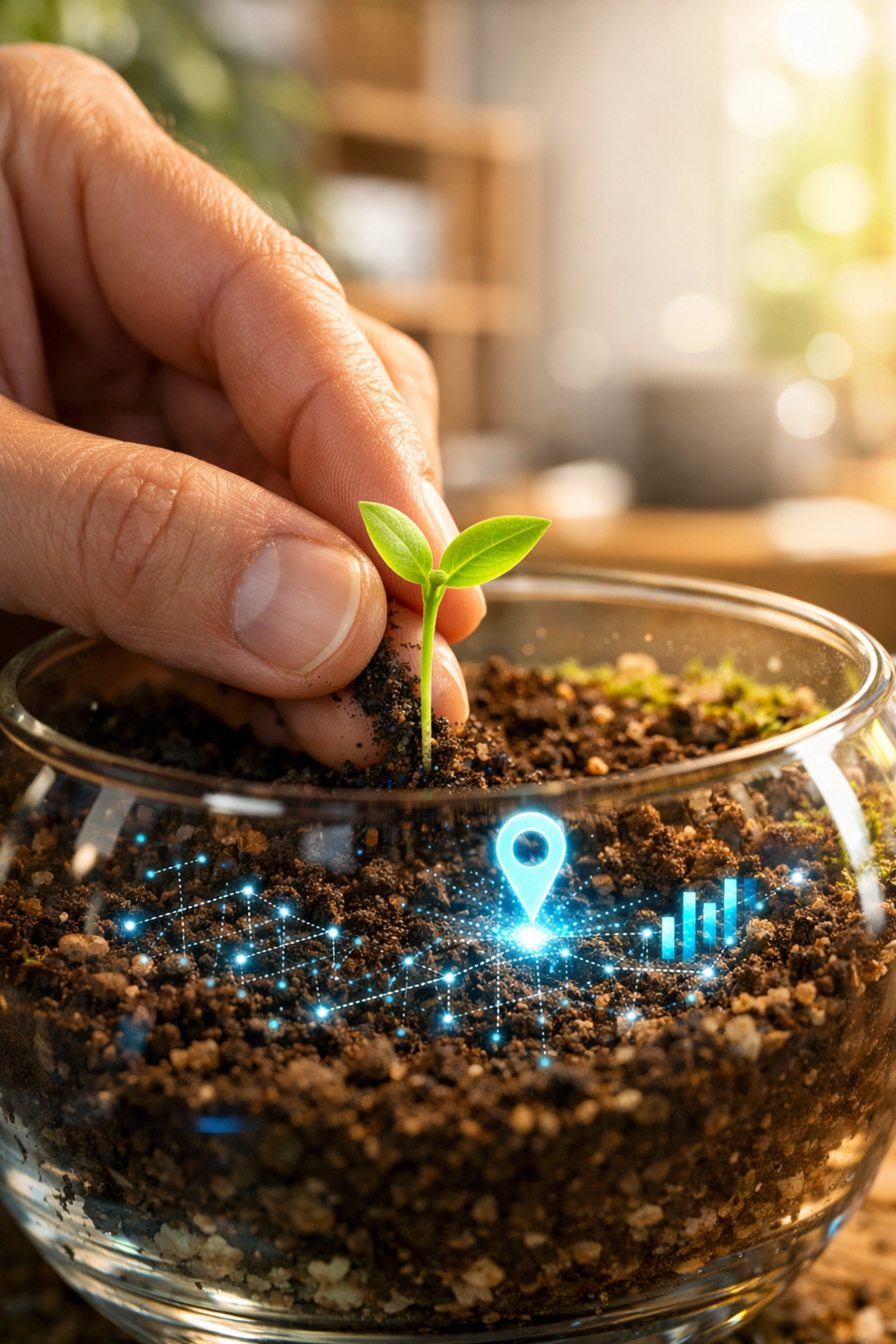 Hand planting a sprout representing careful testing and growth in new global markets using data.