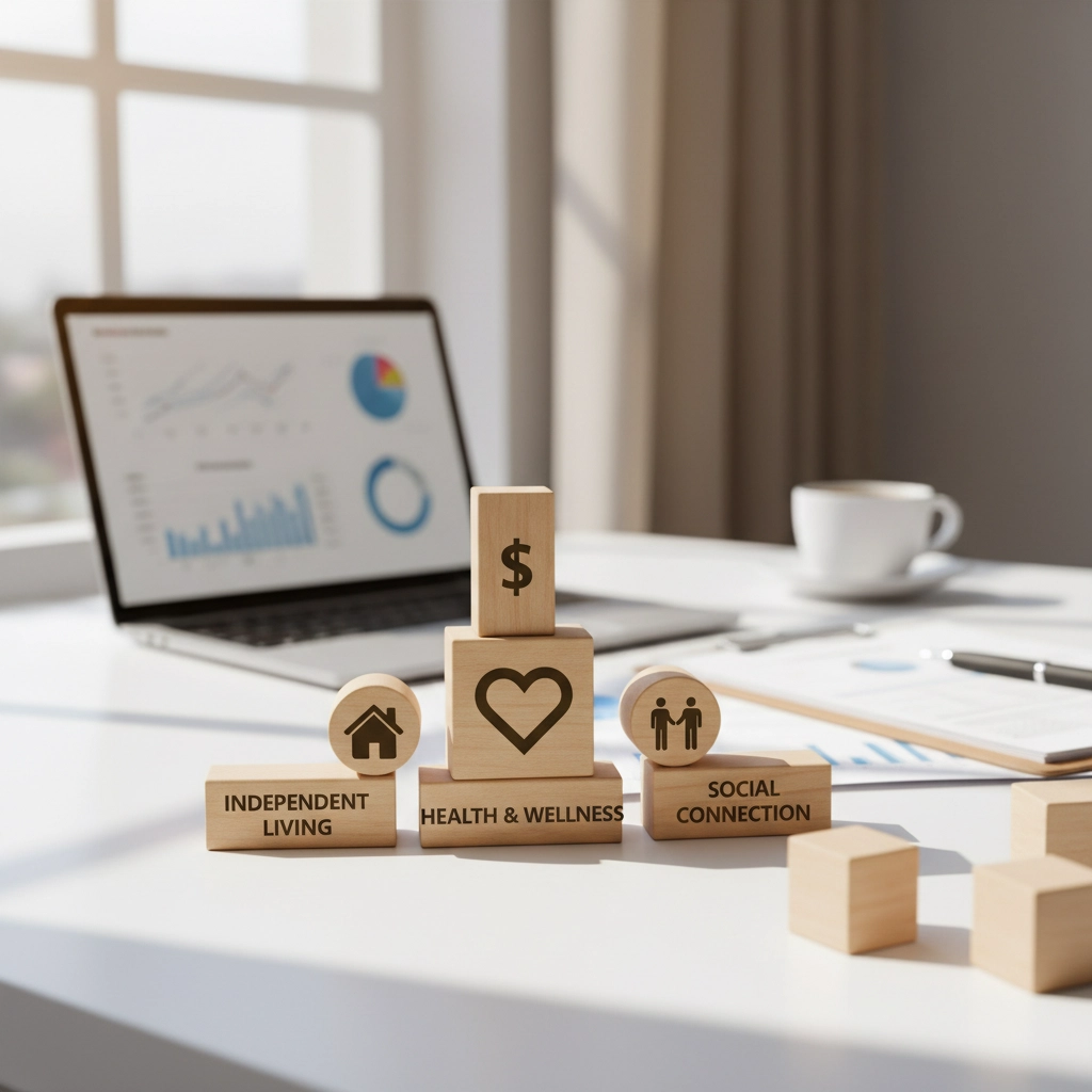 Wooden blocks with symbols for health, living, and connection on a desk with a laptop showing graphs. Bright, modern workspace.