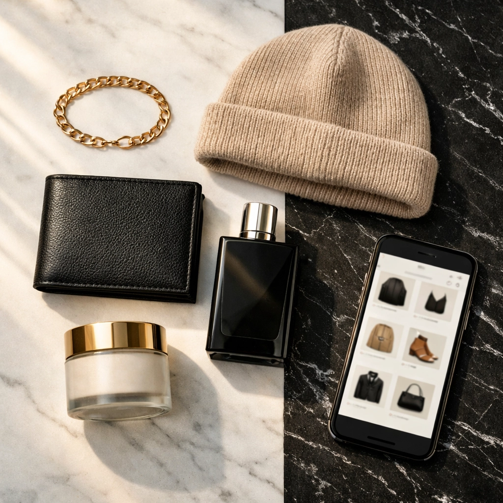 Flat-lay of premium fashion accessories and jewelry next to a smartphone browsing a Black-owned marketplace.