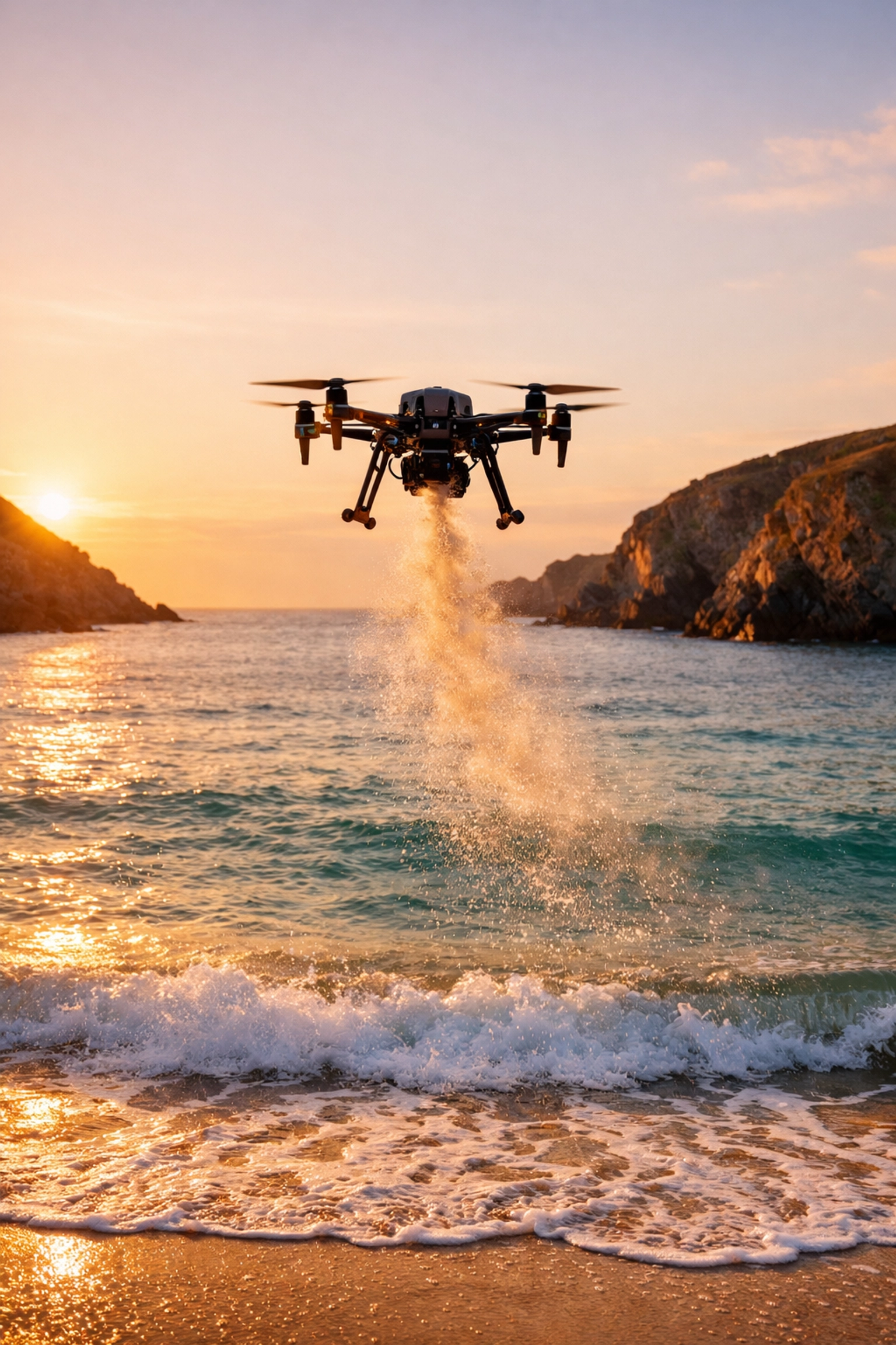 A drone scattering ashes over the sea at Porth Joke Beach, Cornwall, during a peaceful sunset memorial.