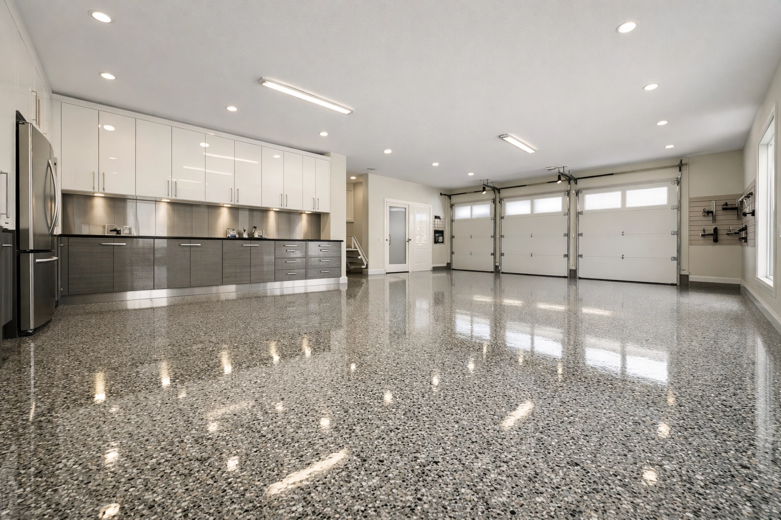 Showroom-quality polyaspartic garage floor with granite-style flake finish in a modern Regina home.