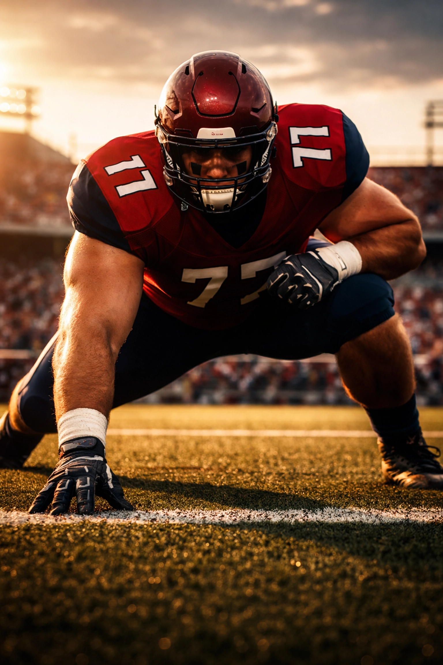 College football offensive lineman in three-point stance on practice field highlights Kinsler’s size and readiness for Ole Miss