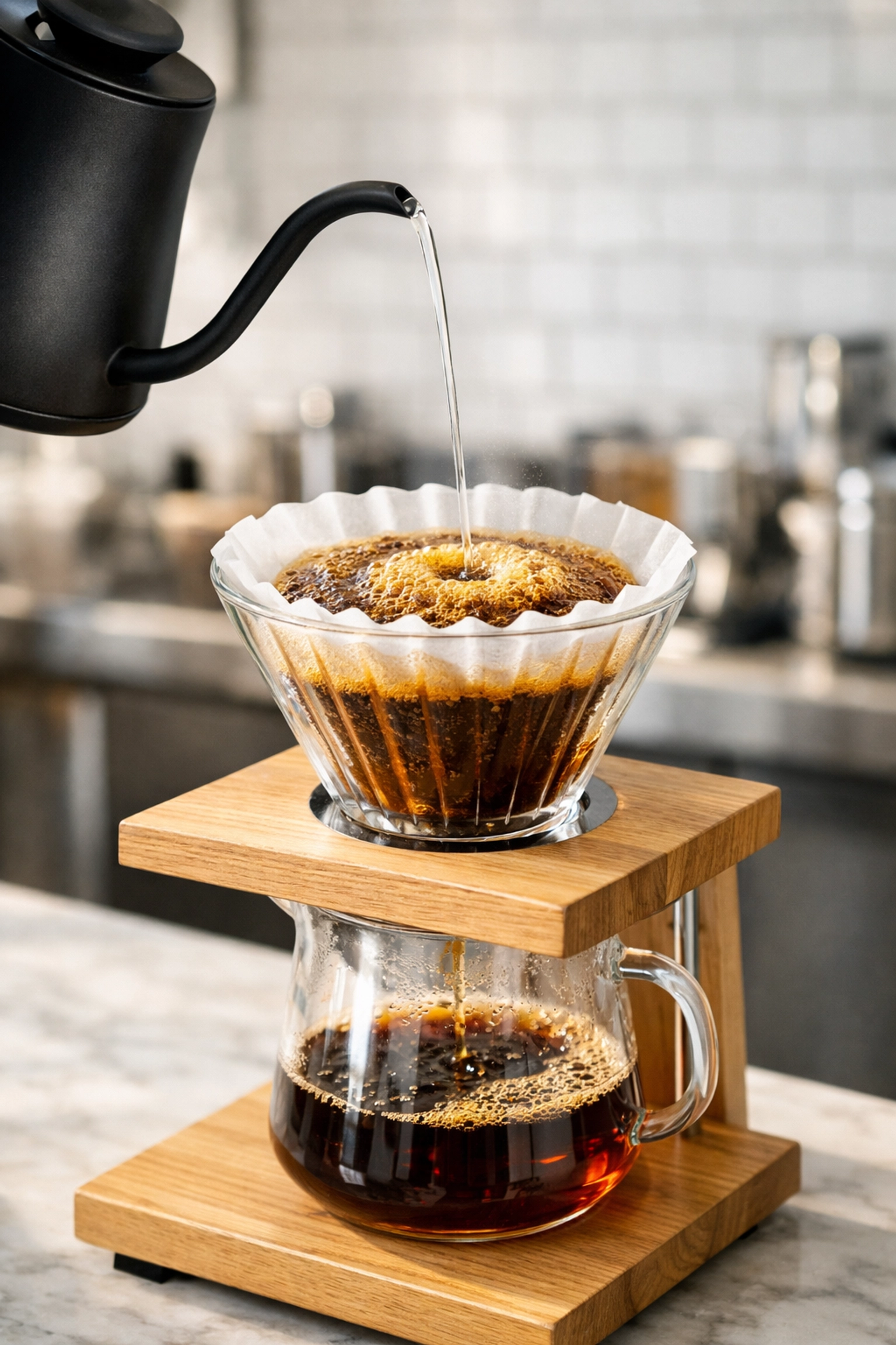 Hand pouring hot water over a glass dripper for a fresh pour-over coffee bloom in a bright café.
