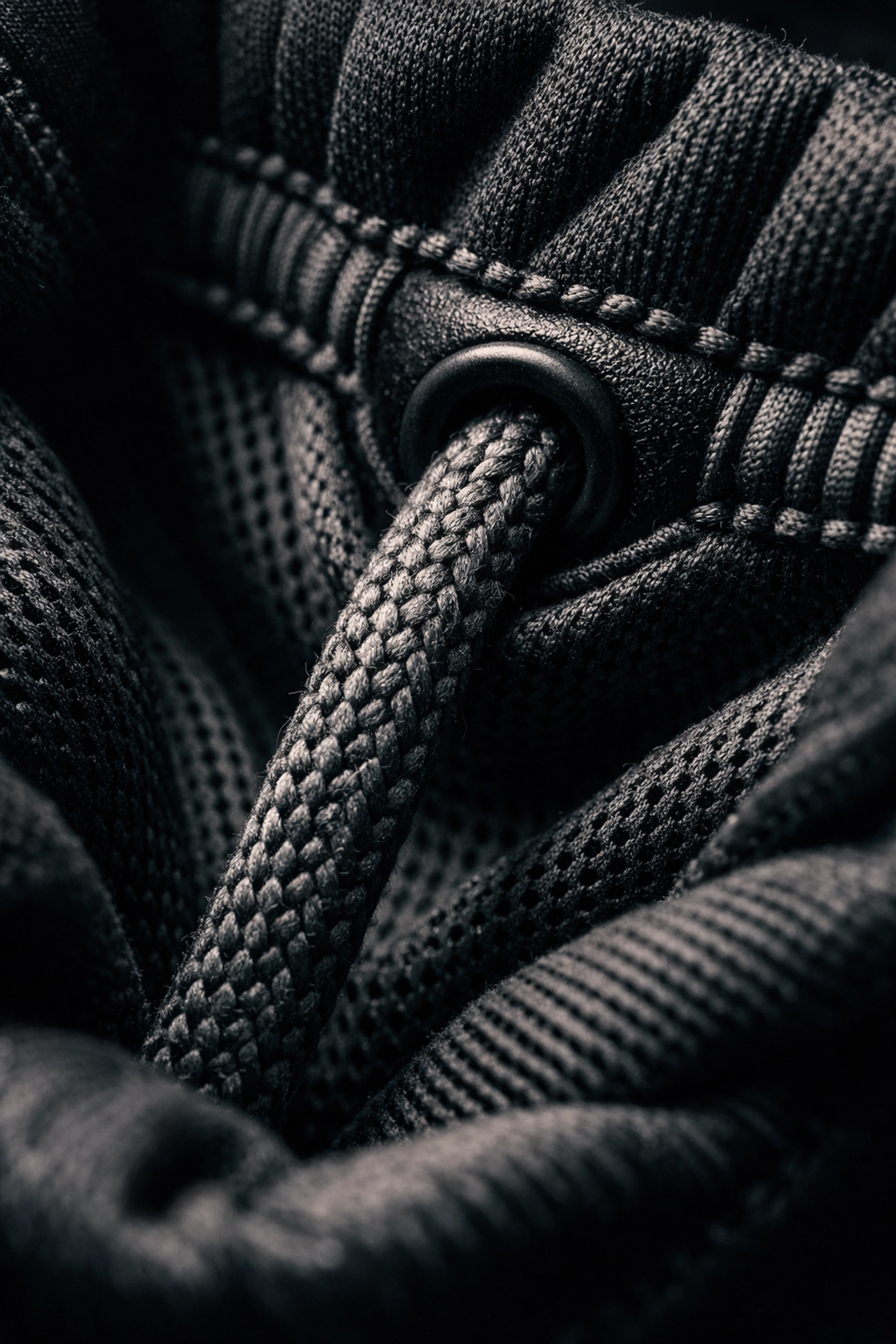 Close-up of the internal drawstring mechanism in adjustable pouch underwear for custom testicular support.