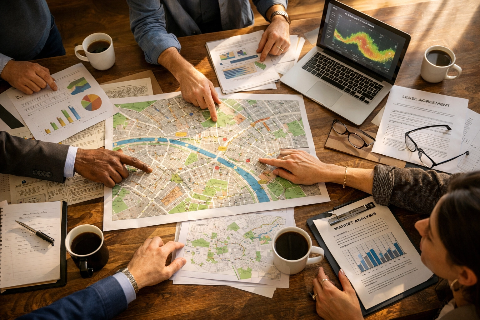 Restaurant consultants analyzing location feasibility data and foot traffic maps during planning session