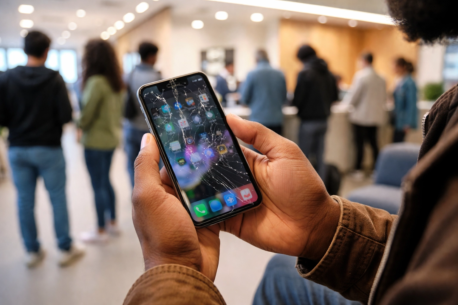 Frustrated Brooklyn creative waiting at crowded Apple Store with broken iPhone, highlighting wasted creative time
