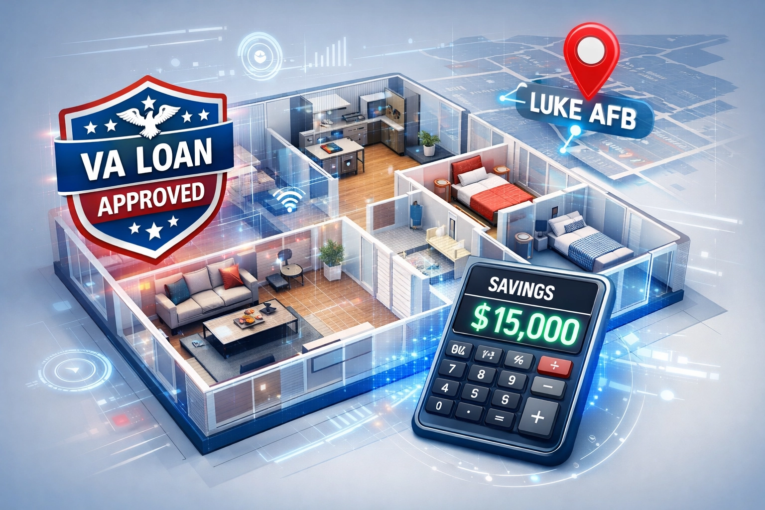 VA loan home buying benefits and savings visualization for military families near Luke AFB