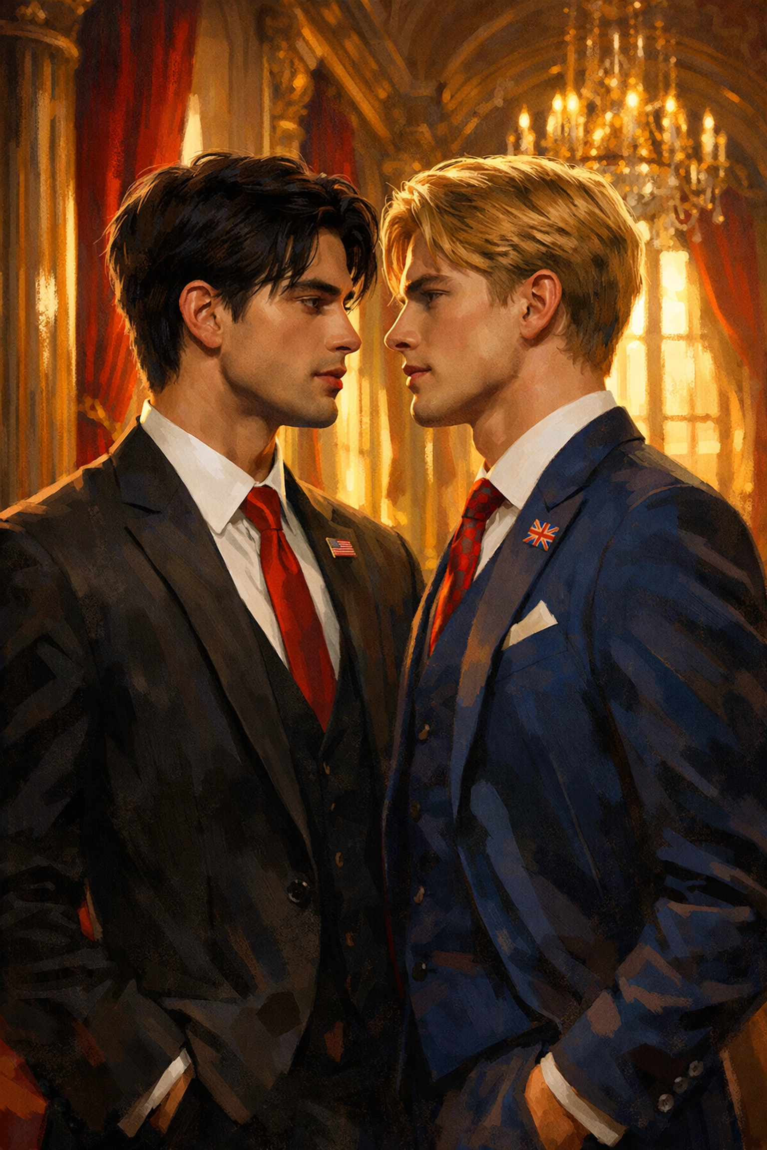 First Son and British Prince in palace hallway - Red White Royal Blue MM romance enemies to lovers