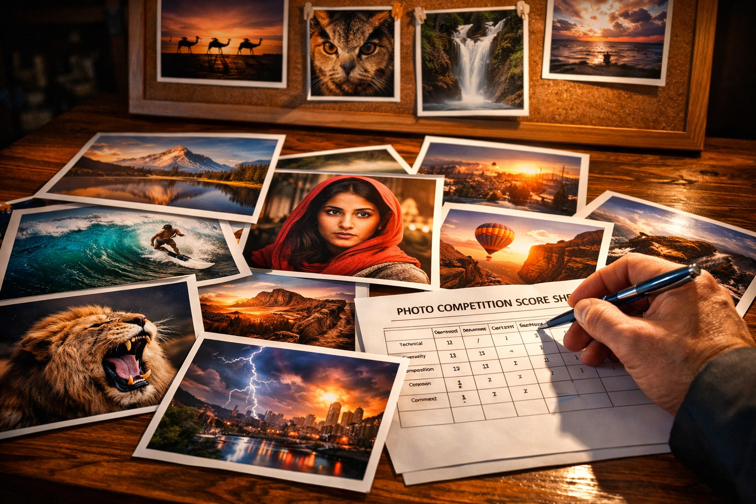 Photography competition entries being judged and evaluated on table