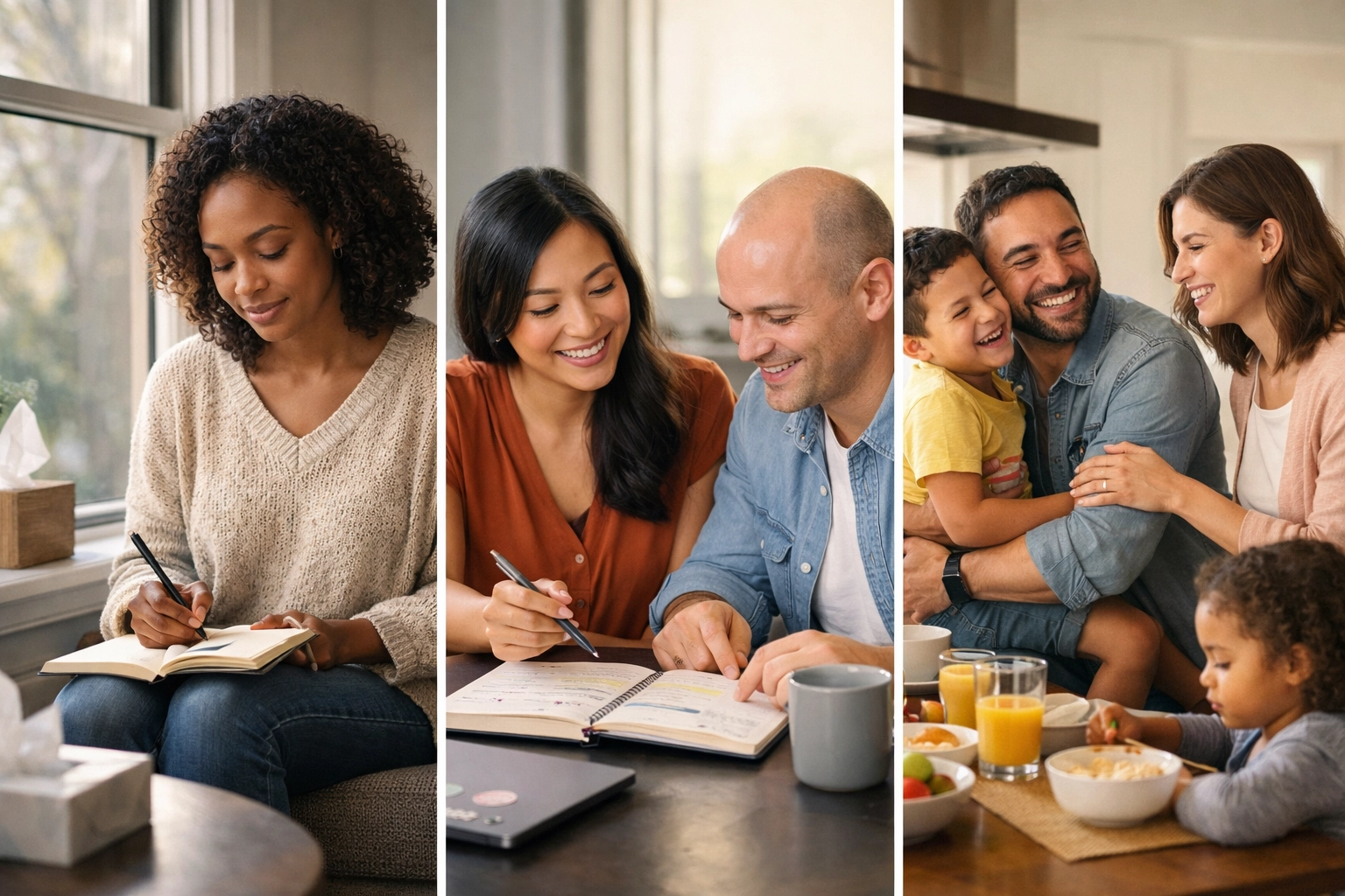 Combined approach to ADHD support: a person journaling after therapy, then planning with a coach, then feeling more at ease at home with their routine.